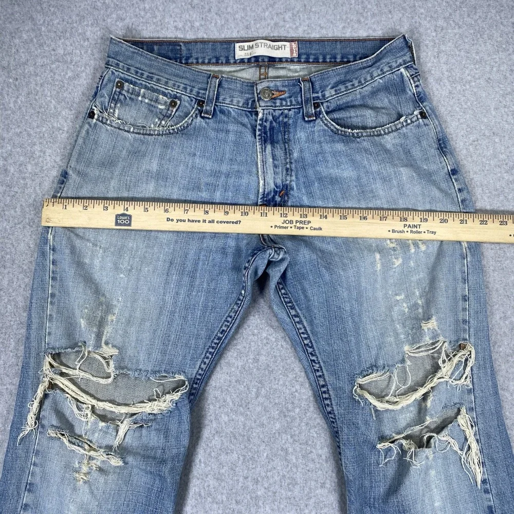 Vintage Levi's 514 Slim Straight Jeans Men 32x30 Blue Distressed Destroyed Denim